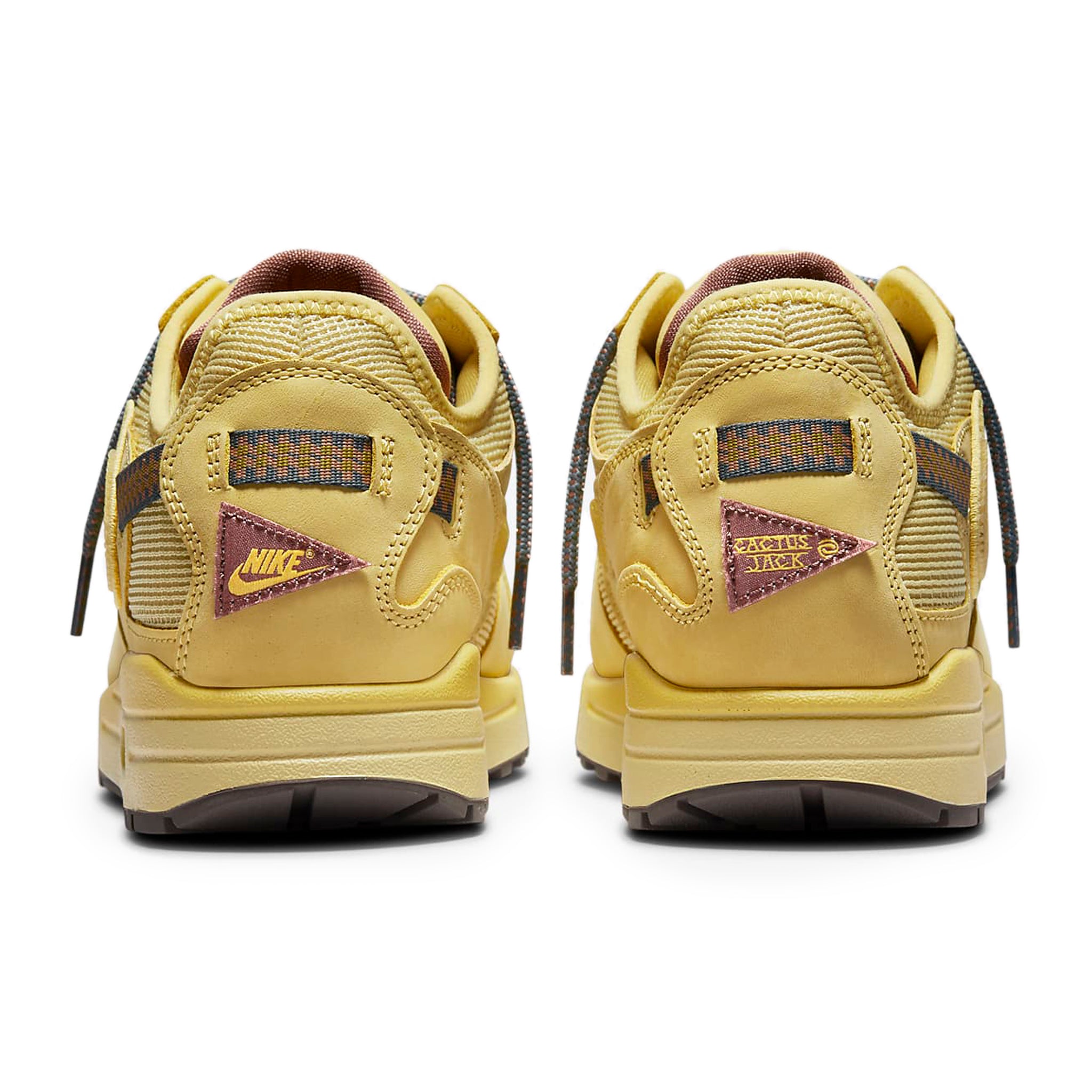 Heel view of Travis Scott x Nike Air Max 1 Saturn Gold DO9392-700